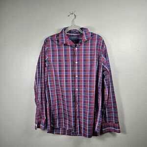 Fairlane Slim Fit Red Plaid Button Up Shirt‎ Mens Large Stretch Non Iron Casual